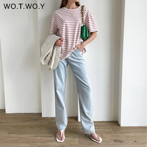 Short Sleeve Striped T-Shirts Women Knitted Basic Casual Tops