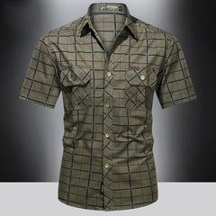 Men Plaid Shirt Short Sleeve Bomber 100% Pure Cotton Business Lapel Shirt