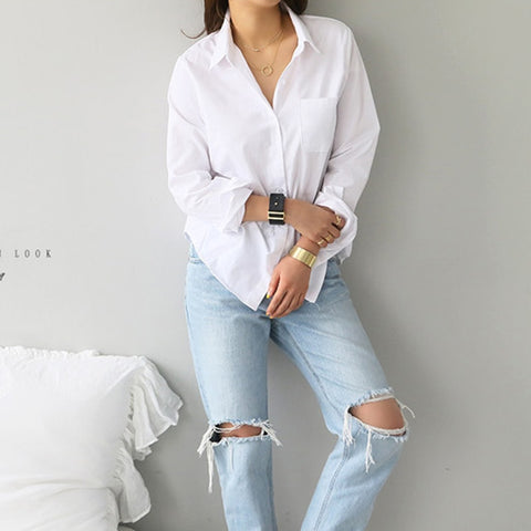 Feminine Blouse Top Long Sleeve Casual White Turn-down Collar OL Style