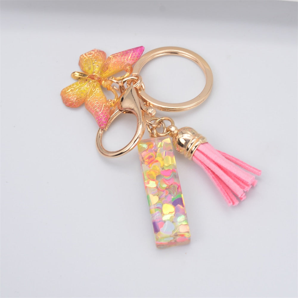 Acrylic Butterfly Letter Keychains English Alphabet Crystal Women Key Chains