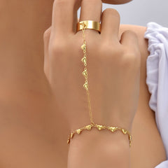 Simple Heart Pendant Chain Link Connected Gold Metal Wide Finger Ring Bracelets