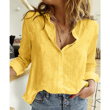 Leisure White Yellow Shirts Button Lapel Cardigan Top Lady Loose Long Sleeve