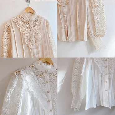 Vintage Solid White Lace Blouse ShirtsLoose Shirt Tops