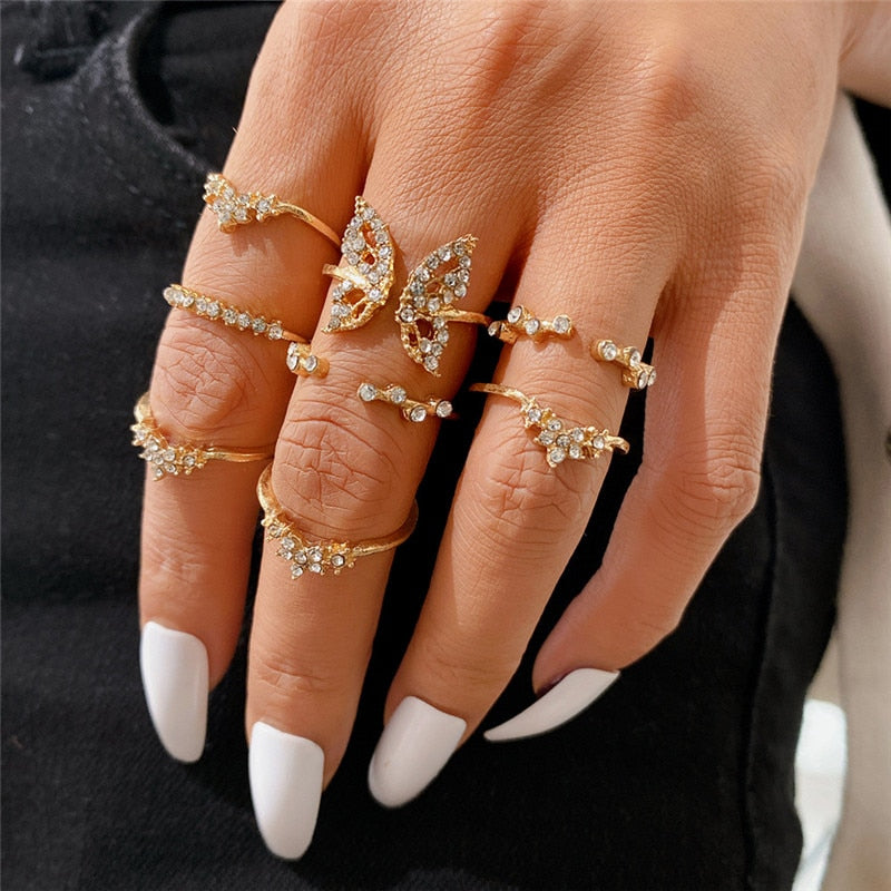 Vintage Bohemian Butterfly Sets Zircon Flower Leaf Open Rings