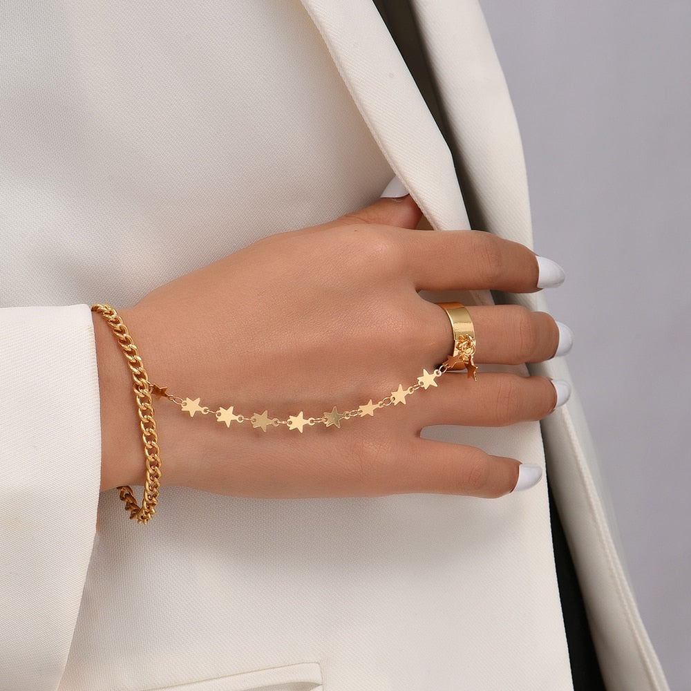 Simple Heart Pendant Chain Link Connected Gold Metal Wide Finger Ring Bracelets