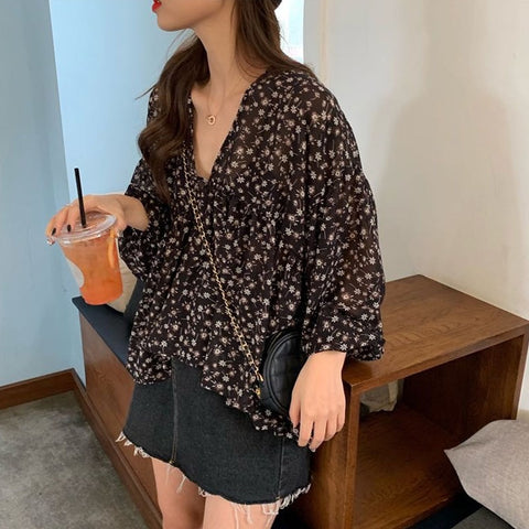 V-neck Chiffon Shirt Women Sweet Tops Blouse