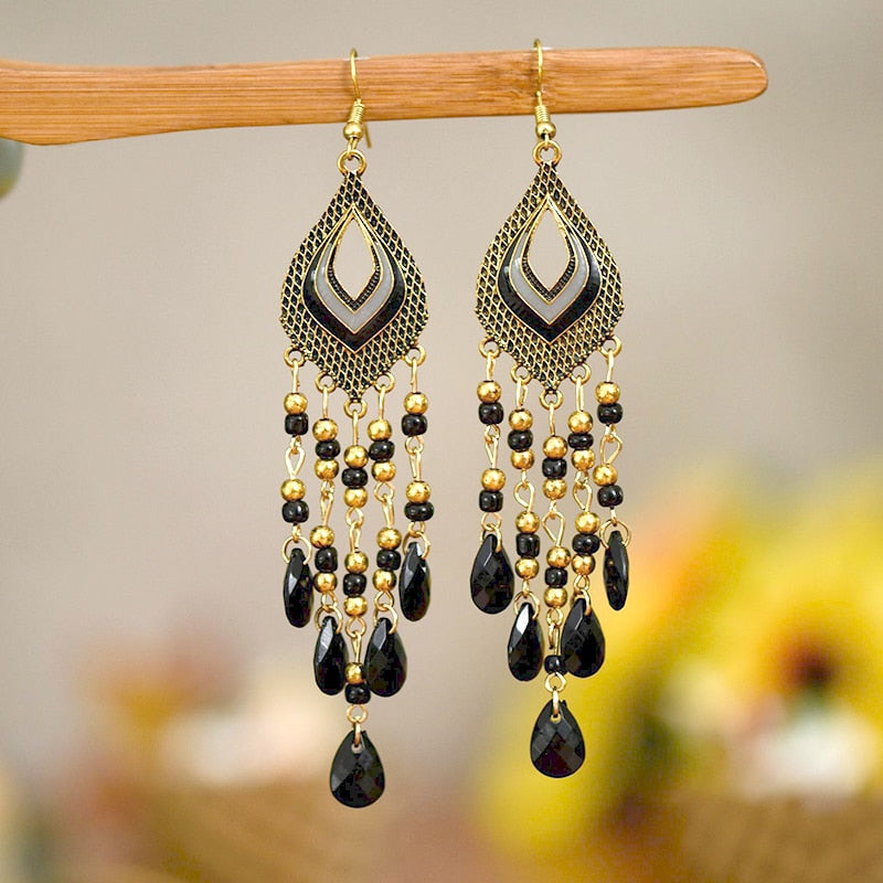 Bohemian Antique Gold Plated Long Water Drop Tassel Earrings