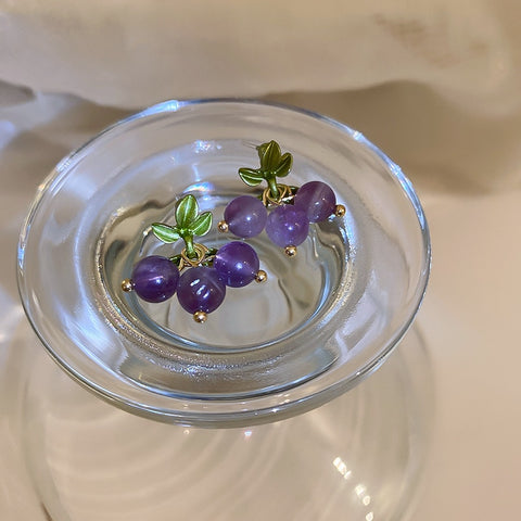 Vintage Purple Crystal Grape Leaf Earrings Sweet Reflective Smooth Irregular