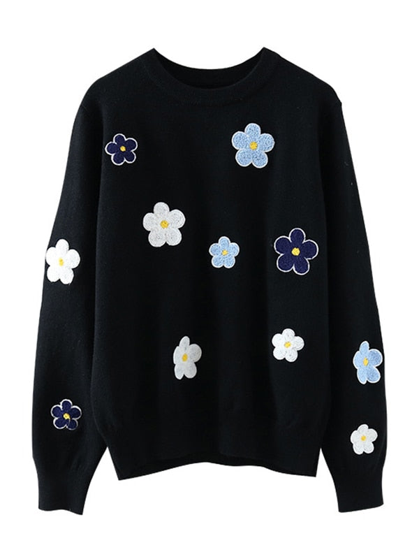 Floral Embroidery Pullover Sweater Elegant O Neck Knitted