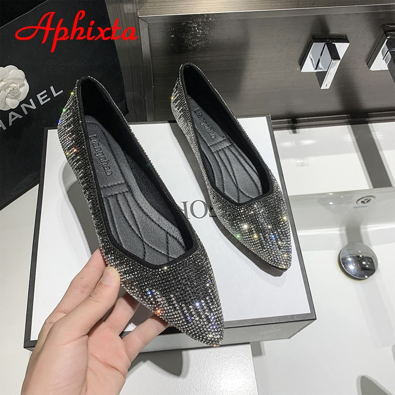 Crystals Loafers Women Soft Flat Heel Shoes Pointed Toe Female Ladies Slip On