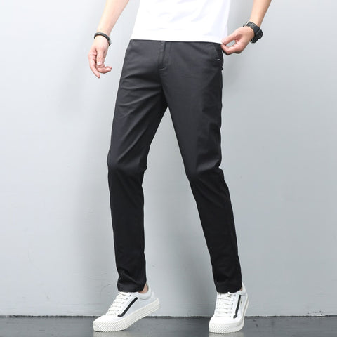 Men Stretch Slim Classic Fit Chino Pant Thin Cotton Elastic Waist Business Casual