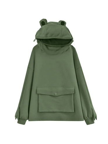 Frog Hoodie for Women Sweatshirt Solid Color Hooded with Flap Pocket Casual