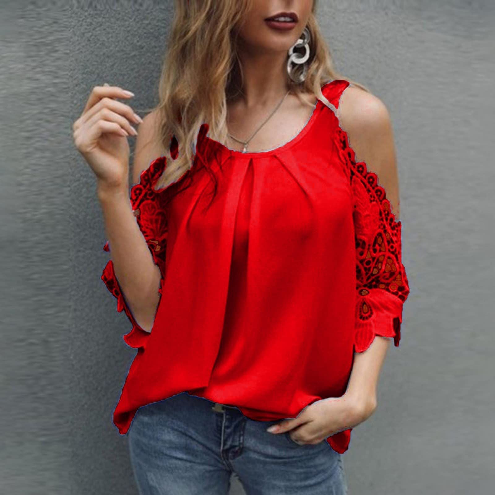 Chic Solid Hollow-out V Neck Lace Blouse Floral Patterns Embroidery