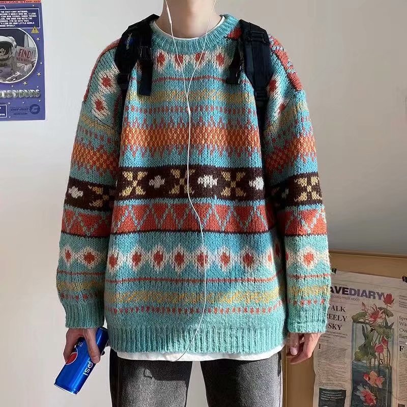 Knitted Vintage Graphic Sweater with Pattern Brown Blue Pullovers Sweaters and Jumpers Korean Streetwear