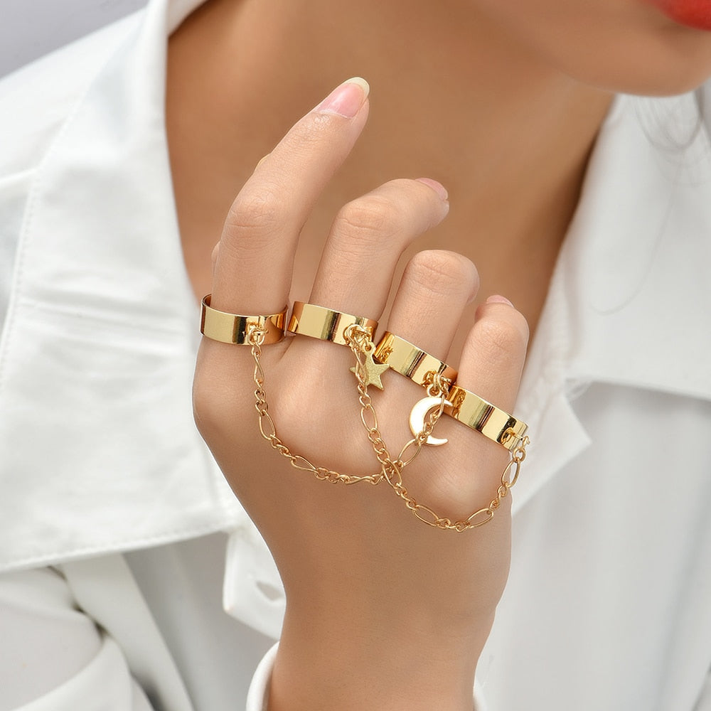 Simple Heart Pendant Chain Link Connected Gold Metal Wide Finger Ring Bracelets