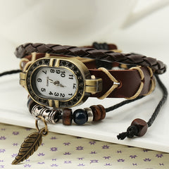 Women Genuine Leather Vintage Quartz Watch Multi Layer Handmade Bracelet