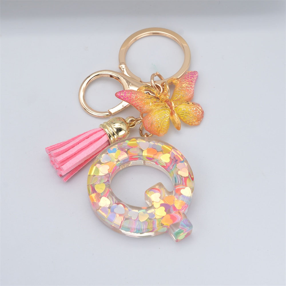 Acrylic Butterfly Letter Keychains English Alphabet Crystal Women Key Chains