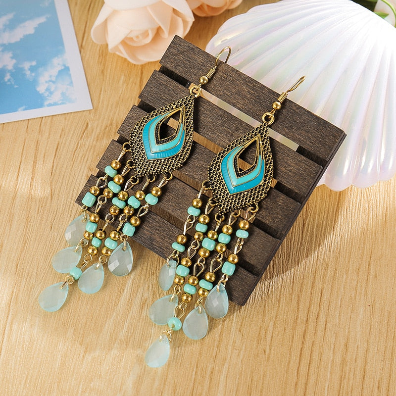 Bohemian Antique Gold Plated Long Water Drop Tassel Earrings