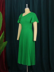 Elegant Women Green Dress Short Sleeve Ruffles Pleated Midi Dresses