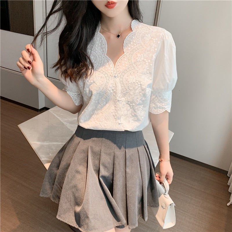 Casual White Tops Embroidery Lace Spring Femme Shirt