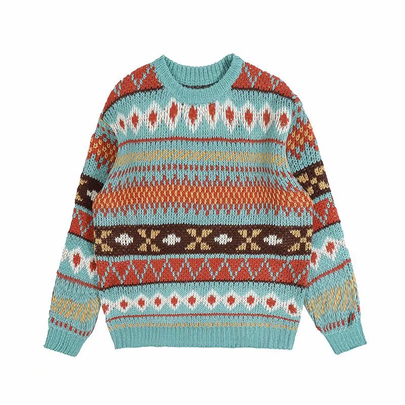 Knitted Vintage Graphic Sweater with Pattern Brown Blue Pullovers Sweaters and Jumpers Korean Streetwear