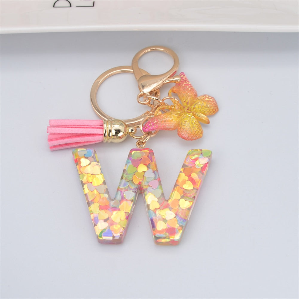 Acrylic Butterfly Letter Keychains English Alphabet Crystal Women Key Chains