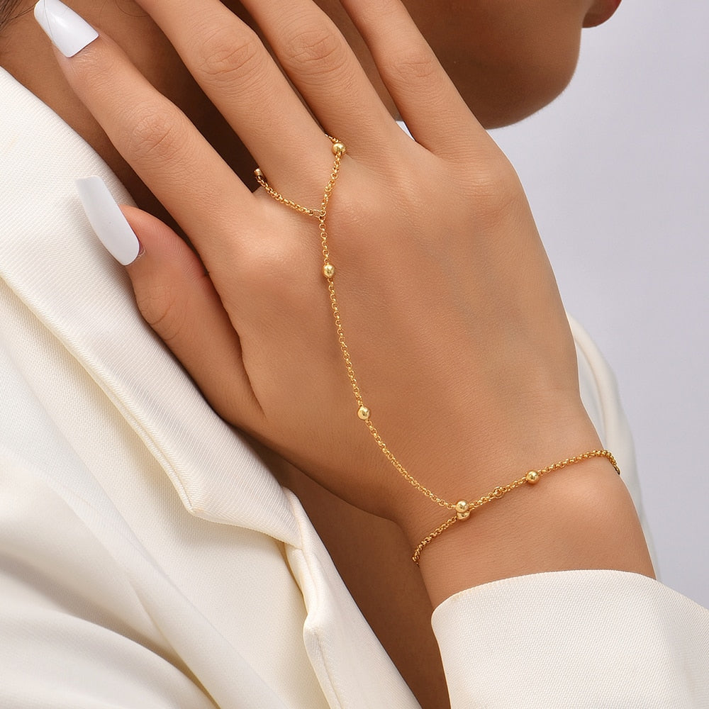 Simple Heart Pendant Chain Link Connected Gold Metal Wide Finger Ring Bracelets