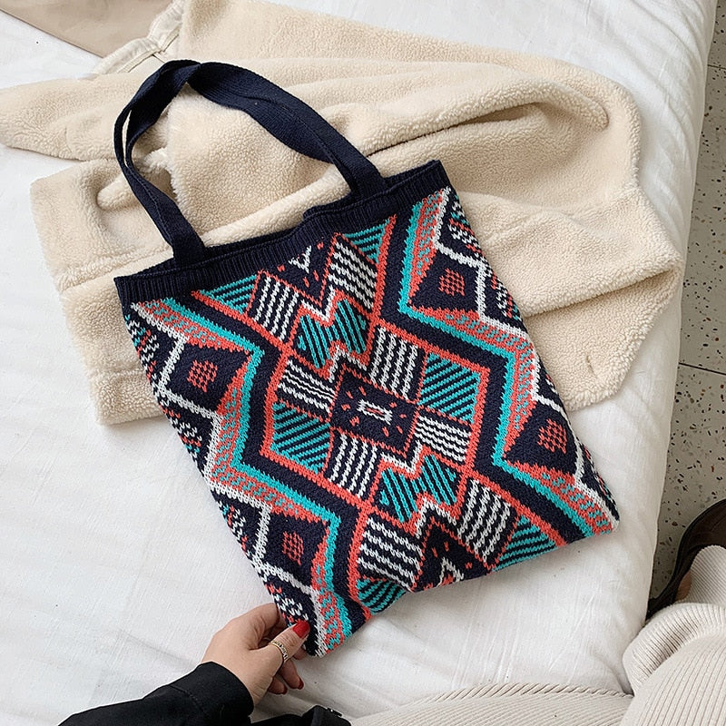 Gypsy Bohemian Boho Chic Aztec Tote Bag Women Crochet Woolen