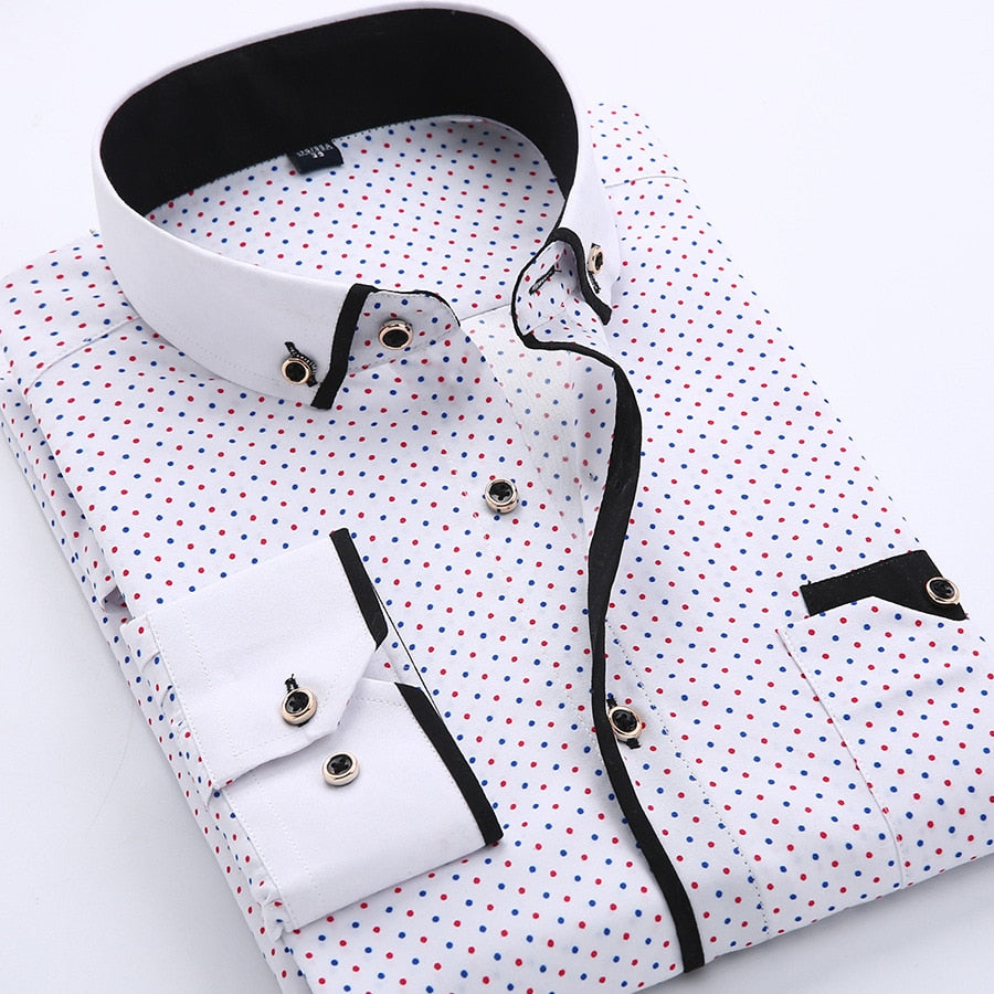 Men Shirt Long Sleeve Slim Fit Button Down Collar Printed Business