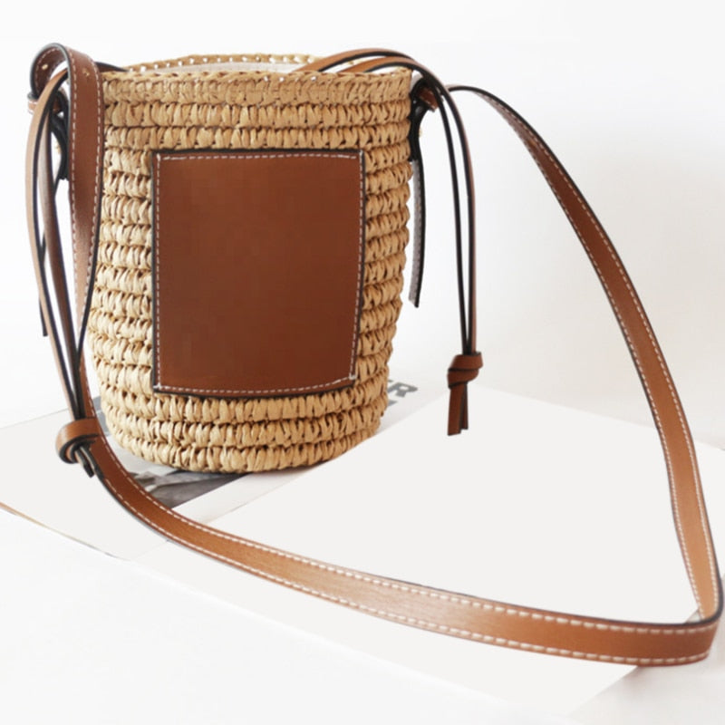 Style  Round Straw Tote Raffia Round Barrel Straw Woven Crossbody Bag