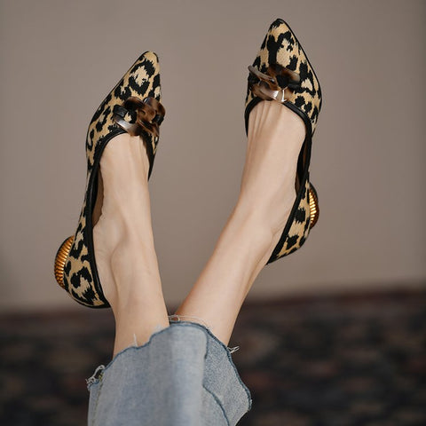 Leopard Print Sexy Pointed Pin Buckle Flat Flat Heel Comfortable Loafers