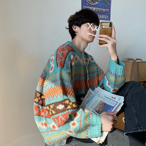 Knitted Vintage Graphic Sweater with Pattern Brown Blue Pullovers Sweaters and Jumpers Korean Streetwear