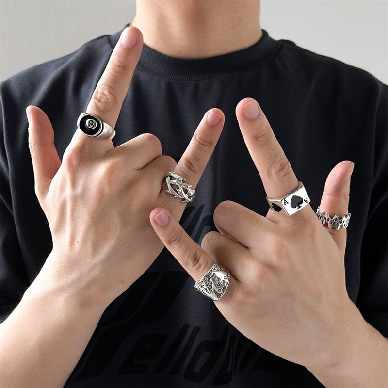 Punk Style Fashion Set Ring Men Vintage Various Shapes Street Hip Hop Finger