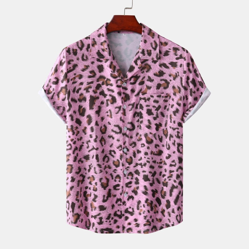 Leopard Print Mens Shirt Short Quick Dry Beach Shirts Men