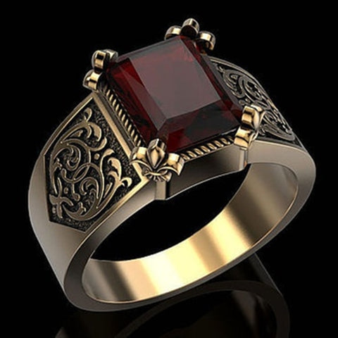Men Gold Color Rings Ruby Carved Rings