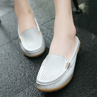 Women Casual Shoes Hollow Out Lady Half Genuine Leather Flats
