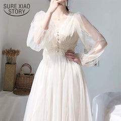 Dress Women Midi Dresses Elegant A-Line Vestidos Solid Puff Sleeve