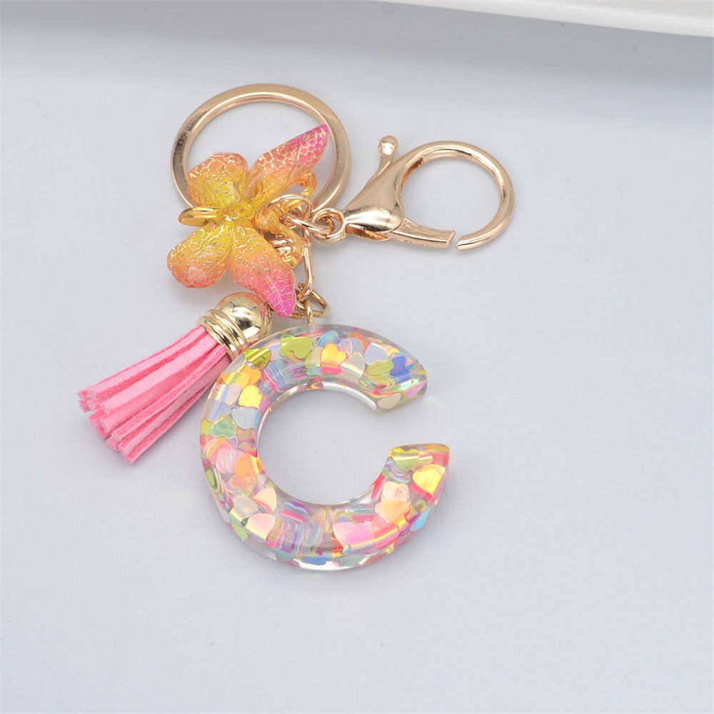 Acrylic Butterfly Letter Keychains English Alphabet Crystal Women Key Chains