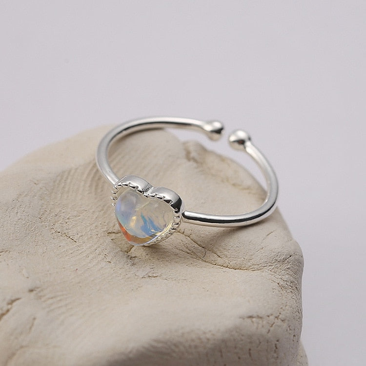 Silver Design Heart Moonstone Rings Women Ring Adjuatable