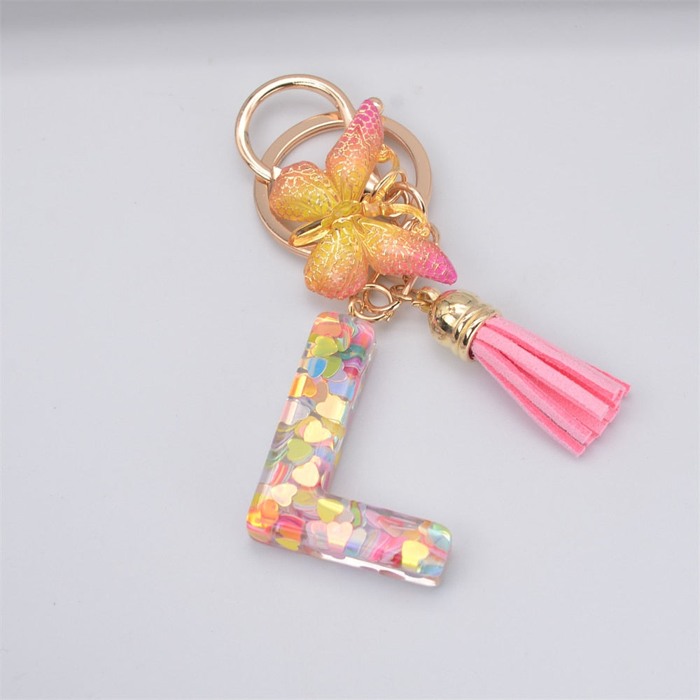 Acrylic Butterfly Letter Keychains English Alphabet Crystal Women Key Chains