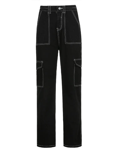 Pockets Patchwork Baggy Fashion Streetwear Denim Trouser Loose Cargo Pants