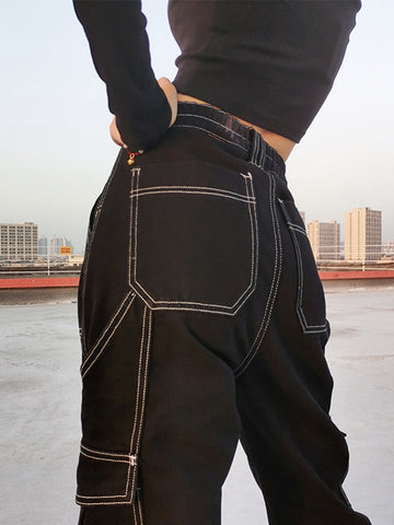 Pockets Patchwork Baggy Fashion Streetwear Denim Trouser Loose Cargo Pants