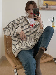 Zip Up Women Korean Style Hoodies For Girls Top Vintage stripe Long Sleeve