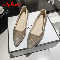 Crystals Loafers Women Soft Flat Heel Shoes Pointed Toe Female Ladies Slip On