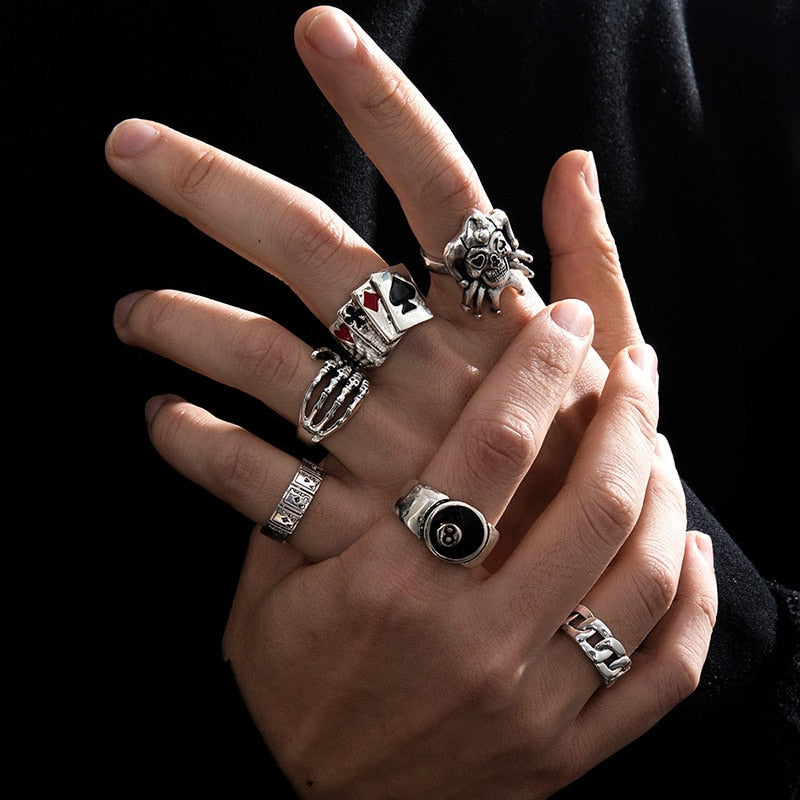 Punk Style Fashion Set Ring Men Vintage Various Shapes Street Hip Hop Finger