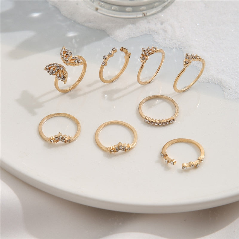 Vintage Bohemian Butterfly Sets Zircon Flower Leaf Open Rings