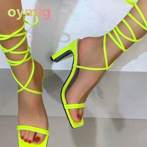 Fashion Orange Ankle Cross Strap Women Sandals Sexy Lace Up Square Toe