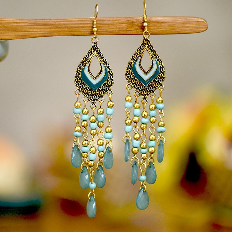 Bohemian Antique Gold Plated Long Water Drop Tassel Earrings