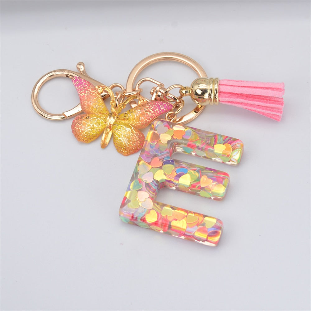 Acrylic Butterfly Letter Keychains English Alphabet Crystal Women Key Chains