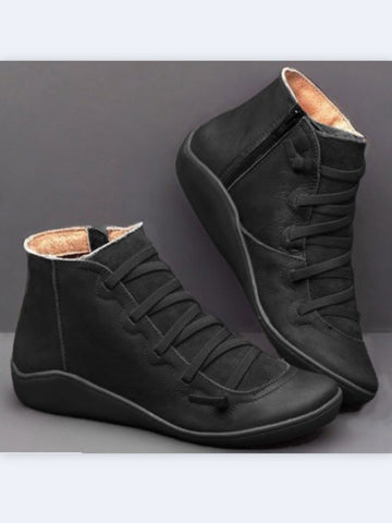 Casual Flat Leather Retro Lace-up Boots Side Zipper Round Toe Shoe Leather Ankle Boots